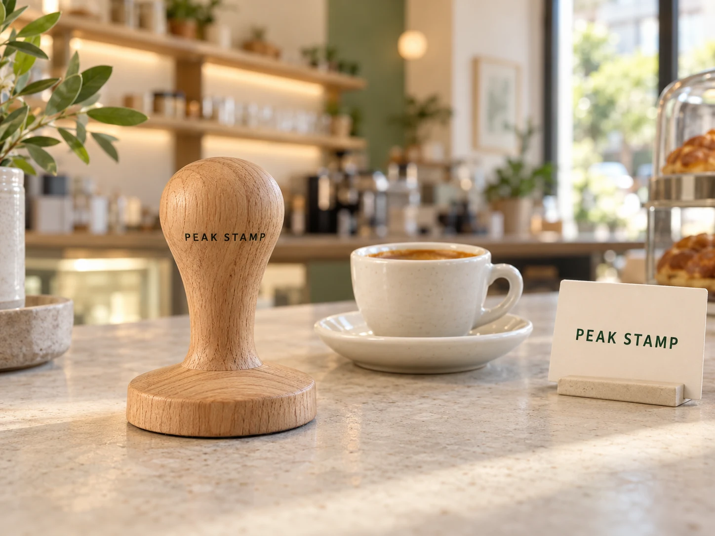 PEAK STAMP Holzstempel und Treuekarte auf einem Cafétresen – Beispielabbildung